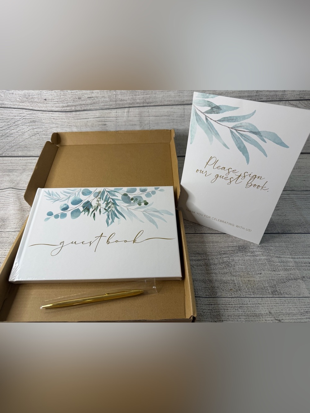 Guest Book Set with Eucalyptus Design in Teal/Green